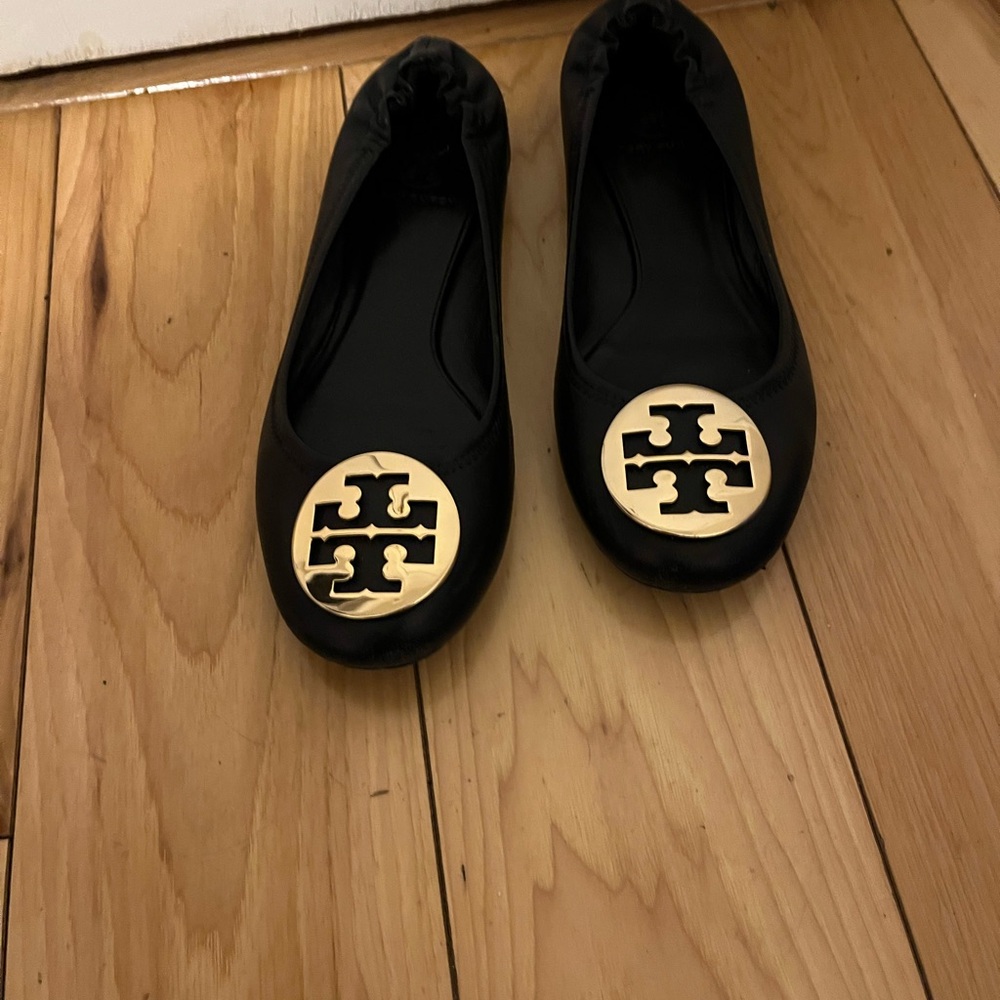 Tory Burch Black Flats with Gold Emblem